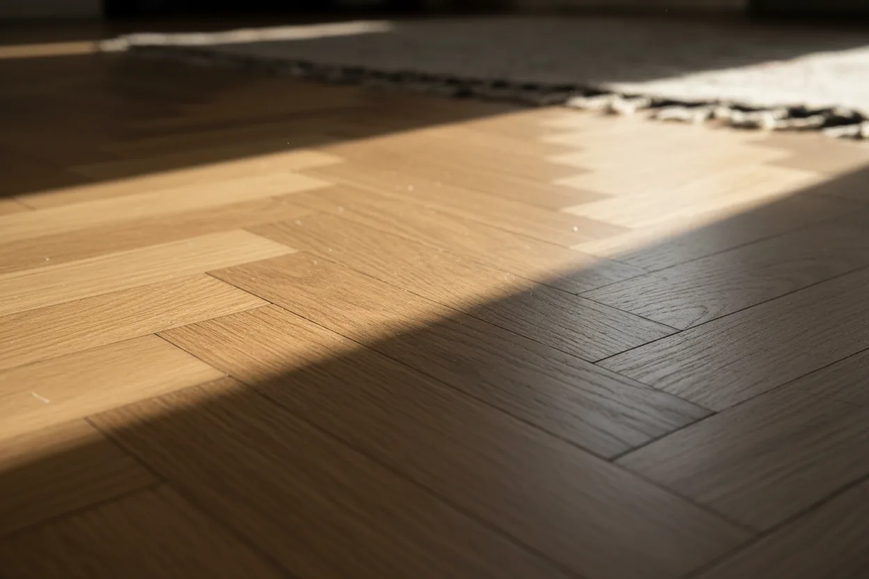 Close-up van een eiken visgraatvloer met zonlicht over het hout