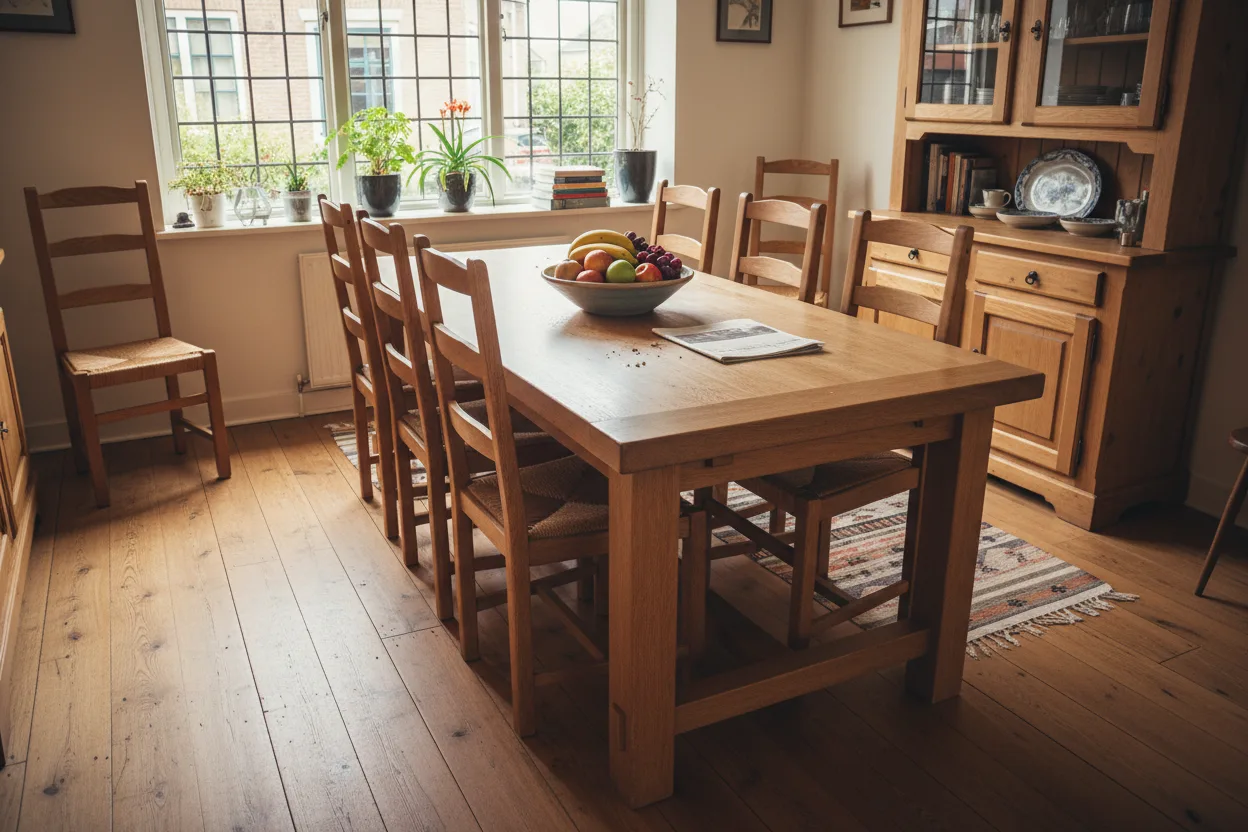 Eethoek met een eiken tafel op een warme plankenvloer