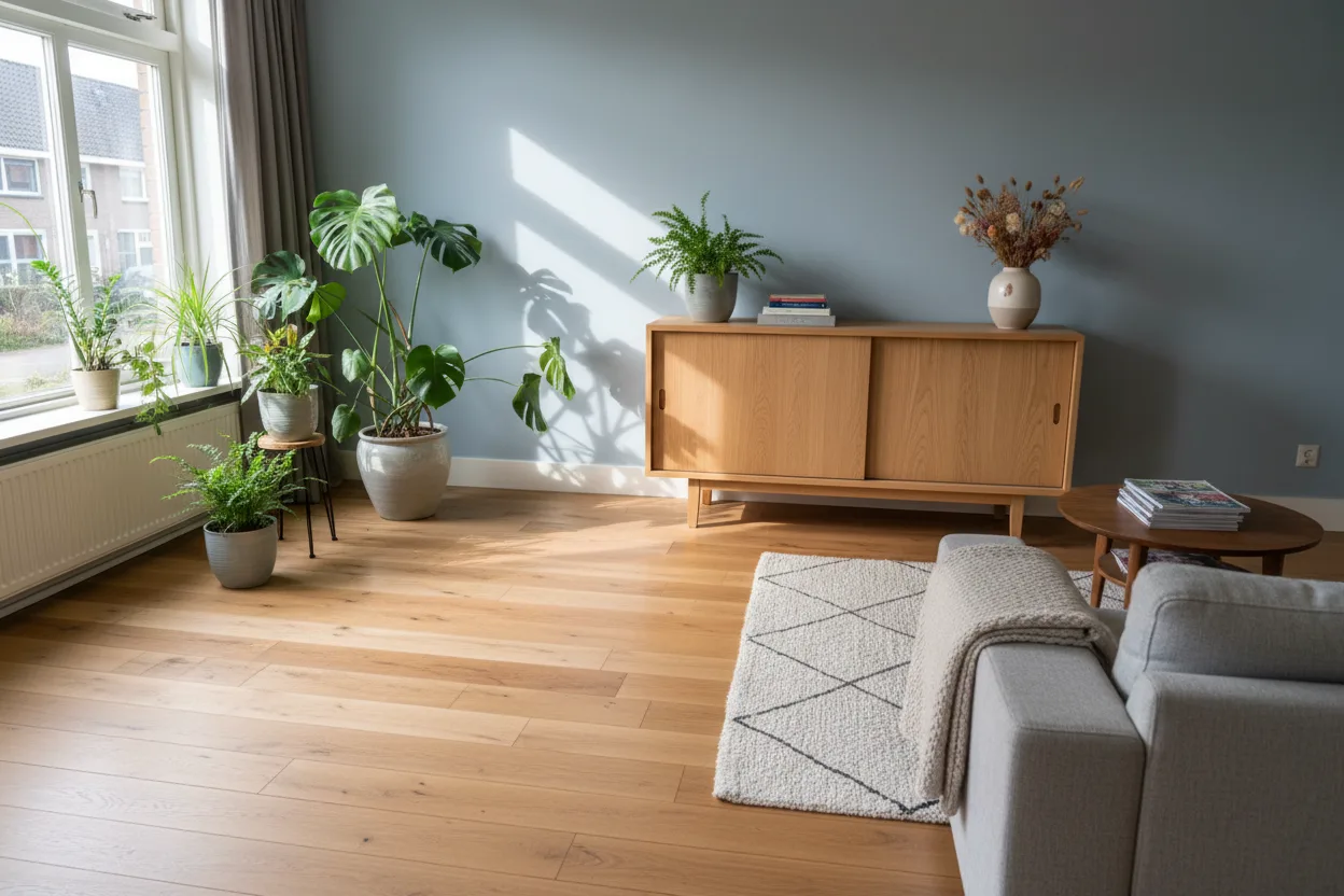 Woonkamer met een eiken plankenvloer en daglicht van opzij