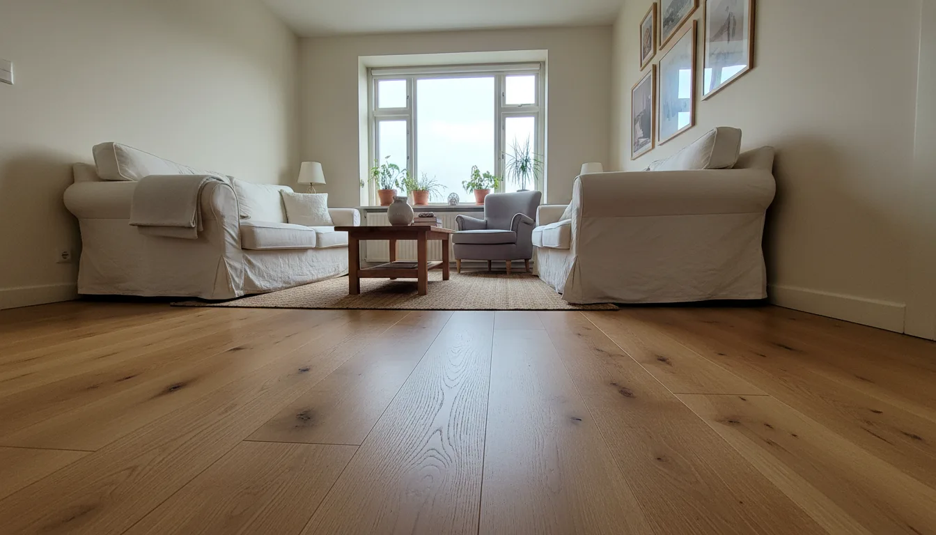 Woonkamer met een eiken plankenvloer en veel daglicht