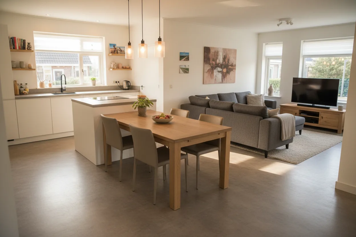 Open keuken en woonruimte met een betonlook pvc vloer