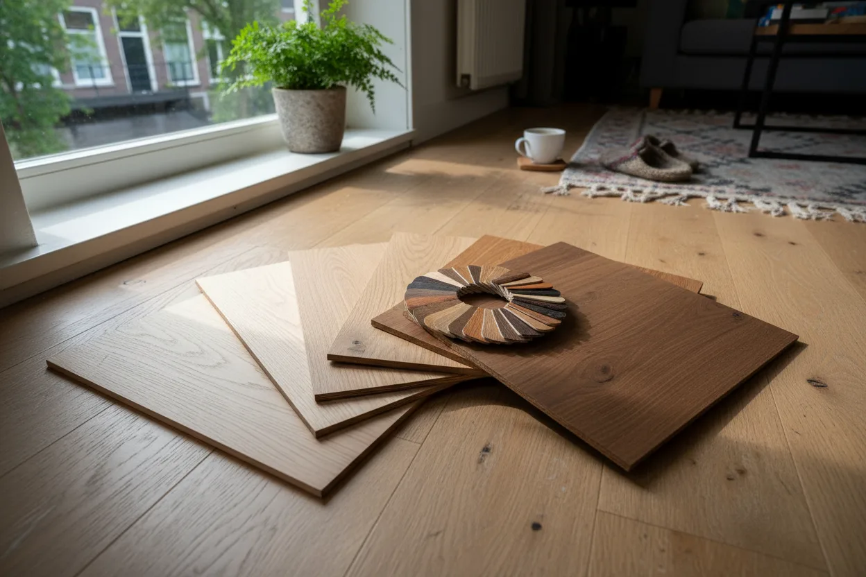 Houten vloerstalen in verschillende tinten op een eiken vloer bij het raam