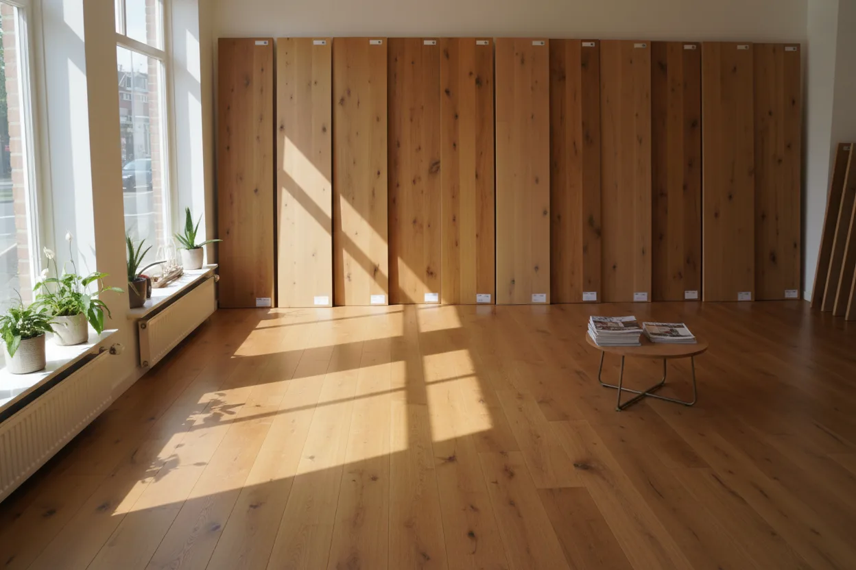Showroom met stalen van houten vloeren langs de wand en een eiken vloer op de grond